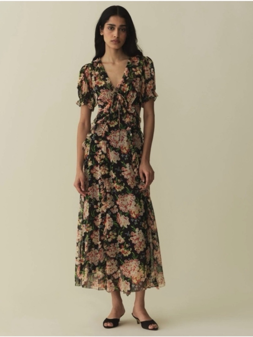 Doen Black Floral Maxi Dress with Pink and Green Print